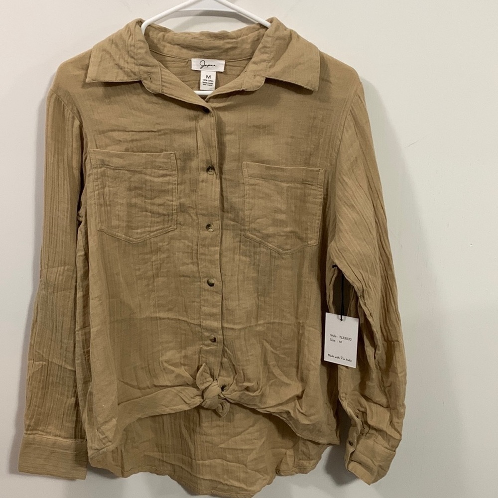 Japna Front tie button up High Low Blouse in Tan, made in India, Size Medium